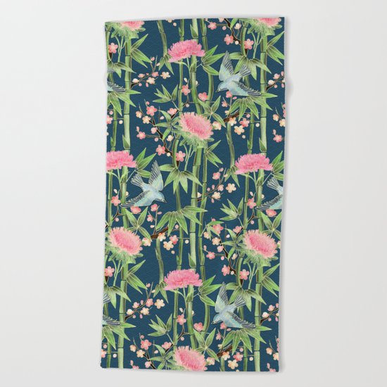 Bamboo, Birds and Blossom - dark teal Beach Towel