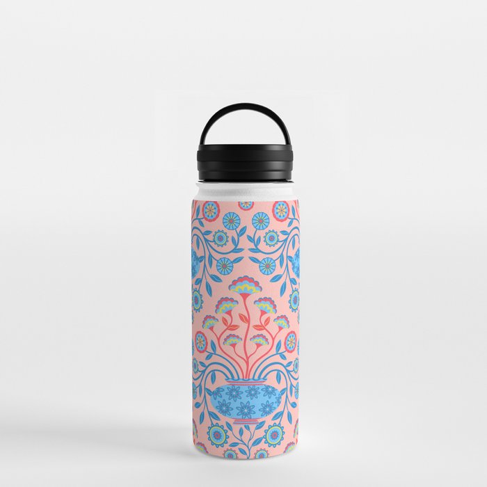 DREAMY DAMASK FLORAL BOTANICAL WITH FLOWERS IN VASE in ICY BLUES RED SUNSHINE YELLOW SUBTLE PINK Water Bottle