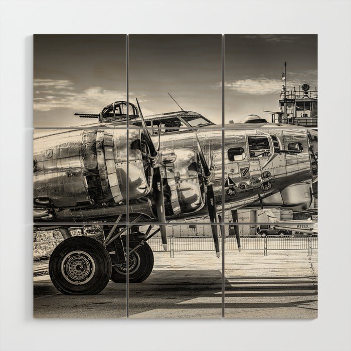 WWII Flying Fortress aviation bomber airplane flight portrait black and white photograph - photography - photographs Wood Wall Art