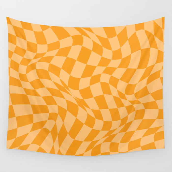 Warped Checkered Pattern in Summer Golden Orange Wall Tapestry