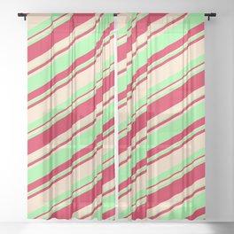 [ Thumbnail: Bisque, Green, and Crimson Colored Striped/Lined Pattern Sheer Curtain ]