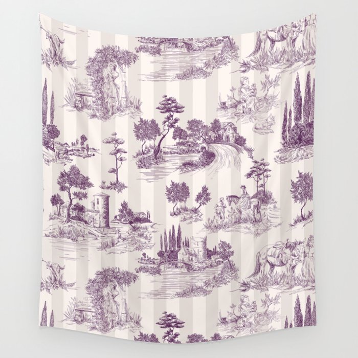 Toile de Jouy French Vintage Pastoral Plum & Cream Stripe Wall Tapestry
