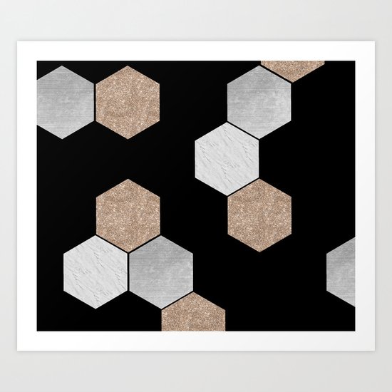 Geometric marble and rose gold on black Art Print