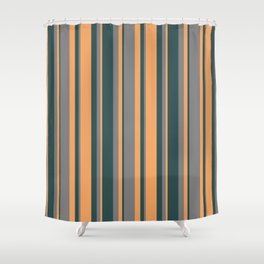 [ Thumbnail: Grey, Dark Slate Gray & Brown Colored Lined/Striped Pattern Shower Curtain ]