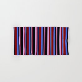 [ Thumbnail: Royal Blue, Maroon, Plum, and Black Colored Striped/Lined Pattern Hand & Bath Towel ]