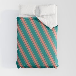 [ Thumbnail: Dark Cyan & Salmon Colored Stripes Pattern Comforter ]