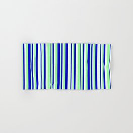 [ Thumbnail: Mint Cream, Green, and Blue Colored Pattern of Stripes Hand & Bath Towel ]