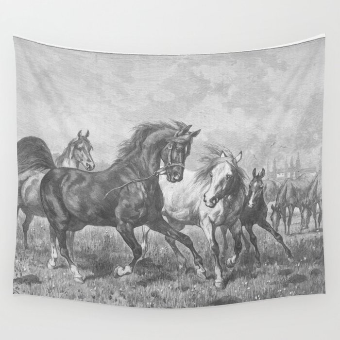HORSES black & white illustration  Wall Tapestry