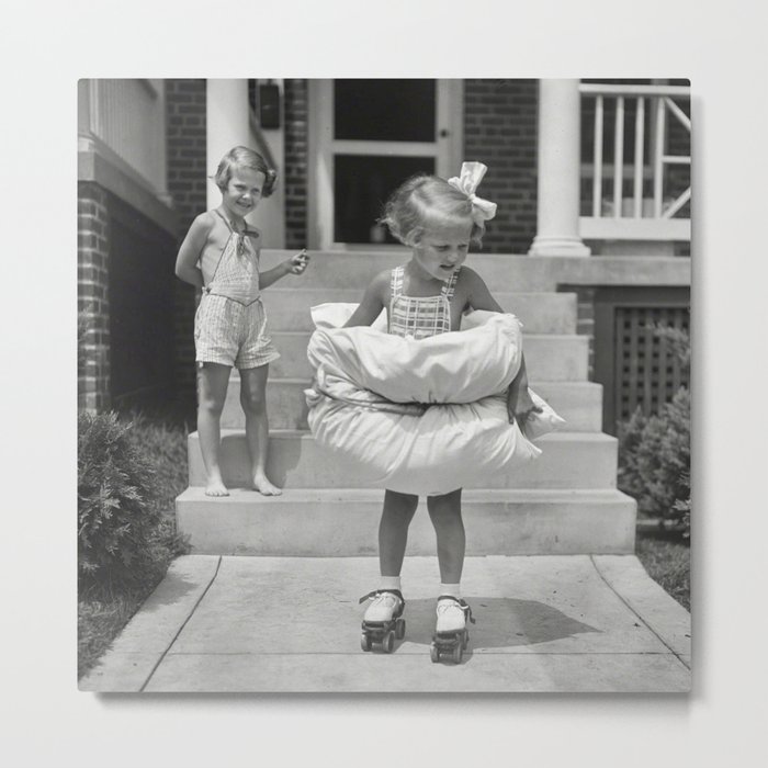 A girl on roller skates with pillows. Metal Print