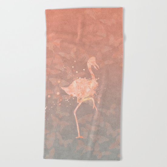 Flamingo Butterfly watercolor pastel grey apricot color artwork Beach Towel