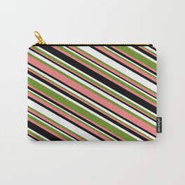 [ Thumbnail: Green, Light Coral, Black & White Colored Lined/Striped Pattern Carry-All Pouch ]