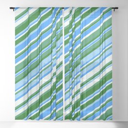 [ Thumbnail: Eye-catching Blue, Mint Cream, Sea Green, Dark Green & Light Sky Blue Colored Lined Pattern Sheer Curtain ]