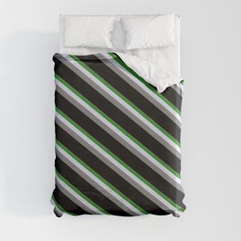 [ Thumbnail: Light Salmon, Forest Green, Lavender, Gray, and Black Colored Stripes/Lines Pattern Duvet Cover ]