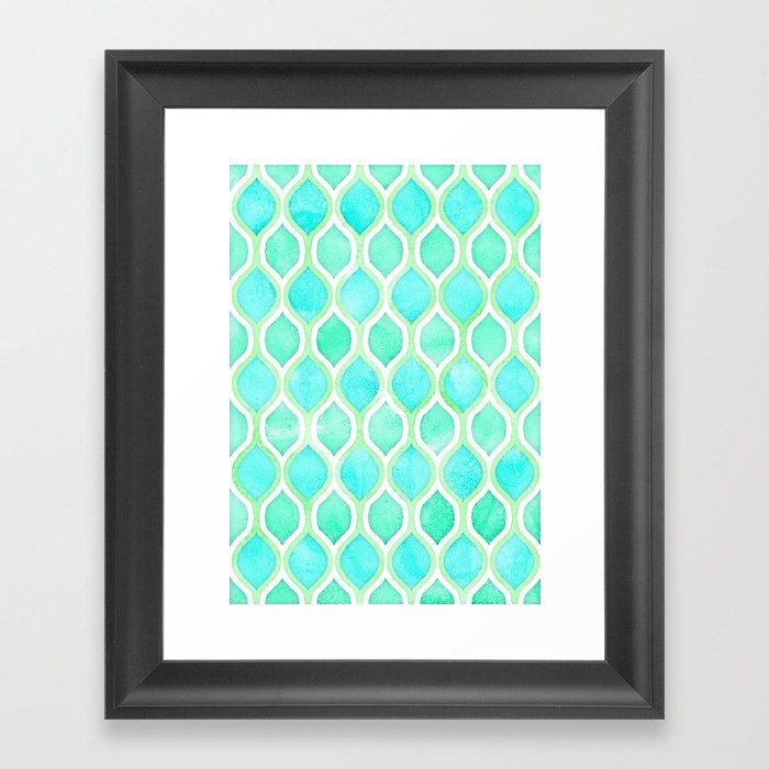 Watercolor Pattern in Aqua, Lime & Mint on White Framed Art Print