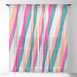 [ Thumbnail: Deep Pink, Teal, Light Grey, Lavender, and Light Salmon Colored Lined Pattern Sheer Curtain ]