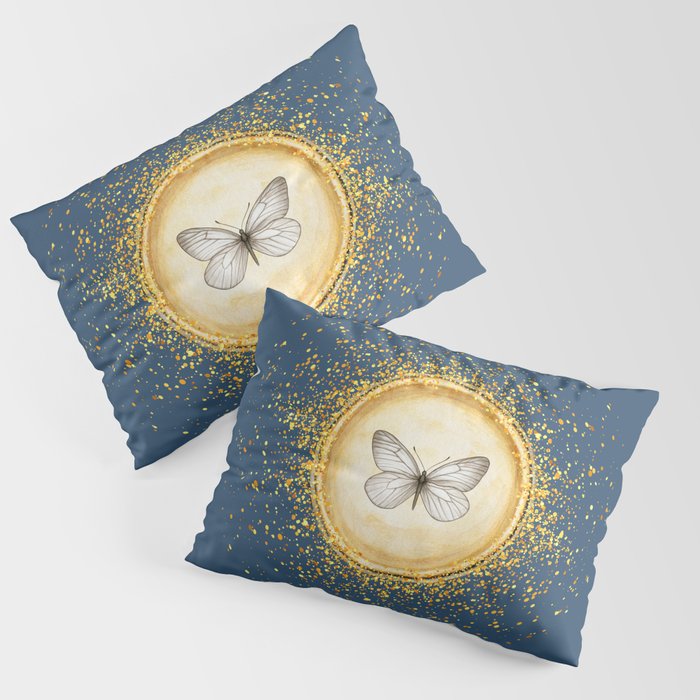 Hand-Drawn Butterfly Gold Circle Pendant on Pastel Navy Blue Pillow Sham
