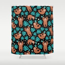 Seamless pattern with cute sloths and floral elements on black background. Trendy print with exotic animal. illustration.  Shower Curtain