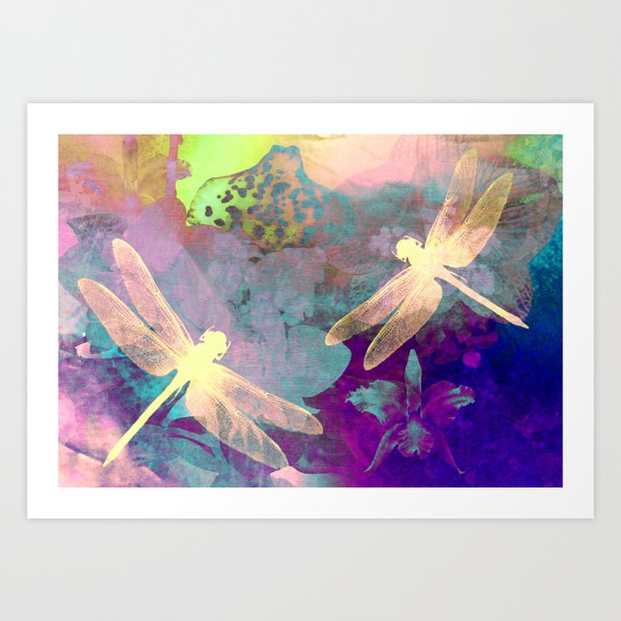 Painting Dragonflies and Orchids A Art Print