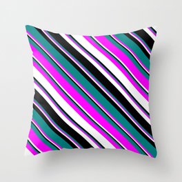 [ Thumbnail: Teal, Fuchsia, White, and Black Colored Lined/Striped Pattern Throw Pillow ]