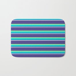 [ Thumbnail: Lavender, Dark Slate Blue, Green, Dark Turquoise & Dark Blue Colored Striped Pattern Bath Mat ]