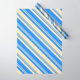 [ Thumbnail: Blue and Beige Colored Pattern of Stripes Wrapping Paper ]