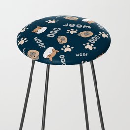 Blue pattern with cute, funny happy dogs. Paw prints, woof with hearts text and pets. Counter Stool