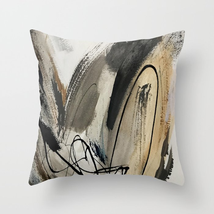 Drift [5]: a neutral abstract mixed media piece in black, white, gray, brown Throw Pillow