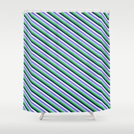 [ Thumbnail: Colorful Medium Slate Blue, Light Blue, Lime Green, Midnight Blue, and White Colored Striped Pattern Shower Curtain ]