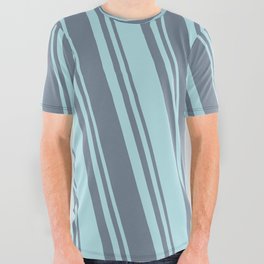 [ Thumbnail: Powder Blue & Slate Gray Colored Stripes Pattern All Over Graphic Tee ]
