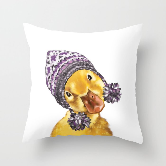 Baby Yellow Duck with Winter Hat Throw Pillow