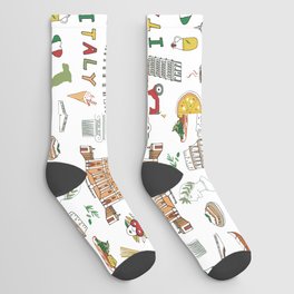 Italy travel doodle pattern with national italian food and sights.  Socks
