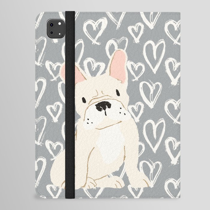 Cream French Bulldog and Hearts iPad Folio Case