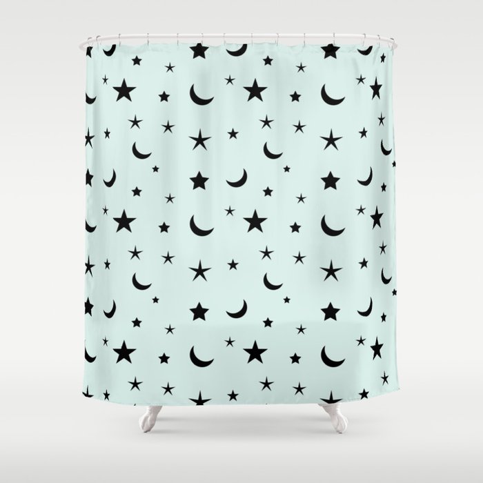 Black Moon And Star Pattern On Baby Blue Background Shower Curtain