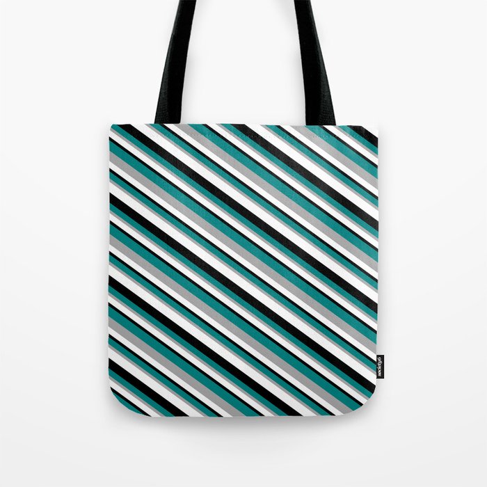 Teal, Dark Grey, White, and Black Colored Lines/Stripes Pattern Tote Bag
