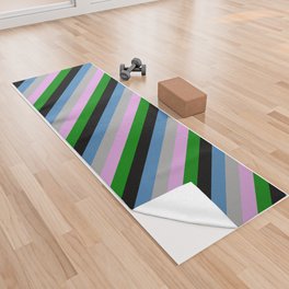 [ Thumbnail: Vibrant Plum, Dark Grey, Blue, Black & Green Colored Stripes Pattern Yoga Towel ]