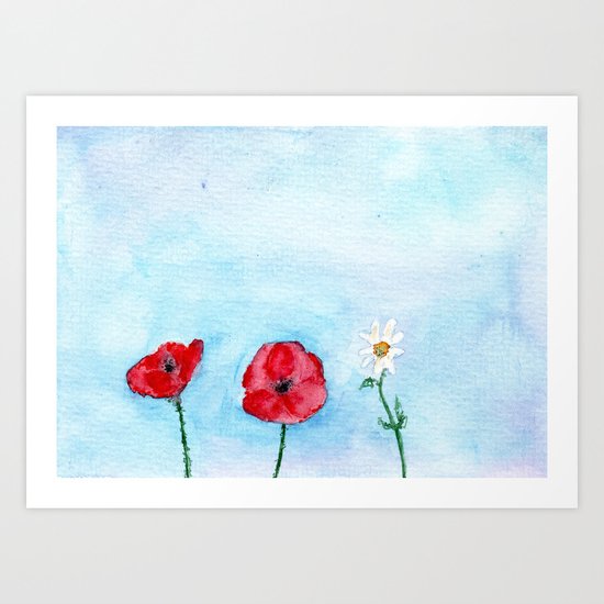 Two poppies and a daisy || watercolor Art Print