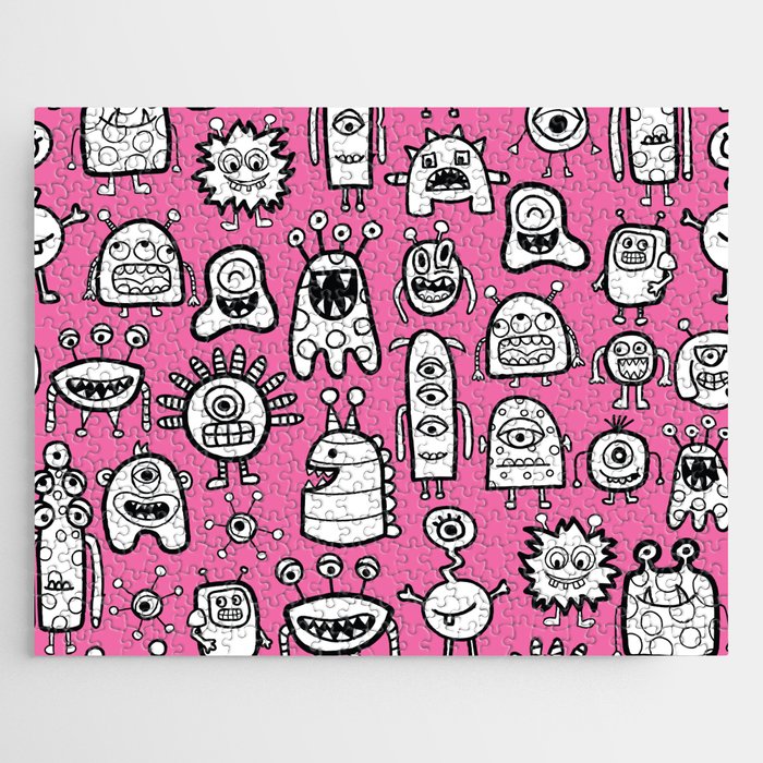 Cute Monsters White Pink Kids Pattern Jigsaw Puzzle