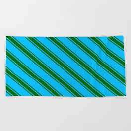 [ Thumbnail: Deep Sky Blue & Dark Green Colored Stripes/Lines Pattern Beach Towel ]