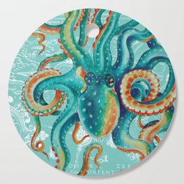 Teal Octopus On Light Teal Vintage Map Cutting Board