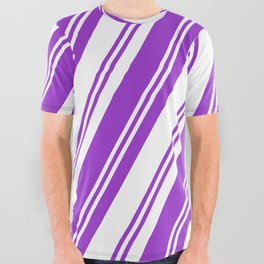 [ Thumbnail: Dark Orchid & White Colored Lined/Striped Pattern All Over Graphic Tee ]
