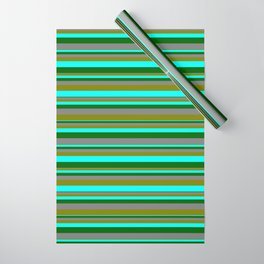 [ Thumbnail: Grey, Green, Aqua & Dark Green Colored Stripes/Lines Pattern Wrapping Paper ]