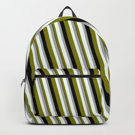 [ Thumbnail: Dark Gray, Mint Cream, Green & Black Colored Stripes/Lines Pattern Backpack ]