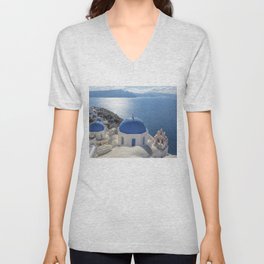 Santorini island in Greece V Neck T Shirt