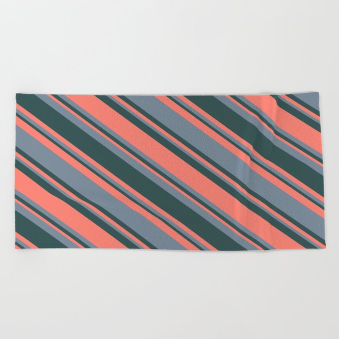 Dark Slate Gray, Salmon & Light Slate Gray Colored Stripes/Lines Pattern Beach Towel