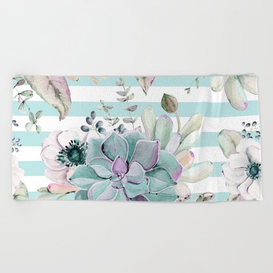 Succulent Garden Striped Succulent Blue Beach Towel