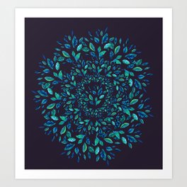 Blue Leaves Mandala Art Print