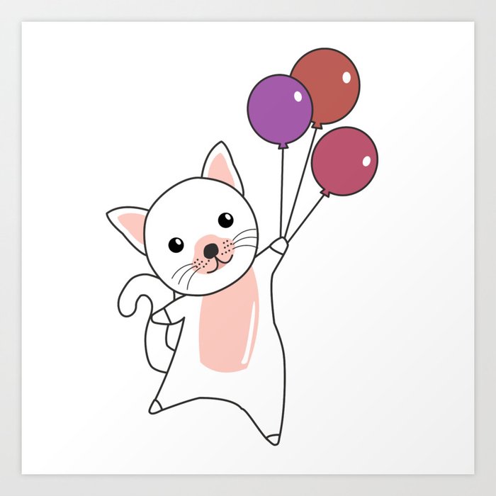 Cat Flies Up With Colorful Balloons Art Print