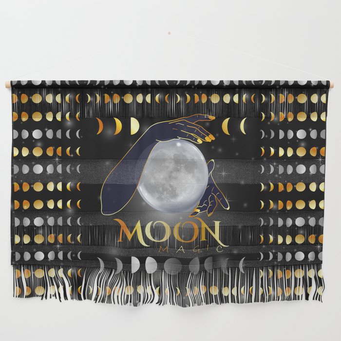 Moon phases mystical womans hands on full moon Wall Hanging