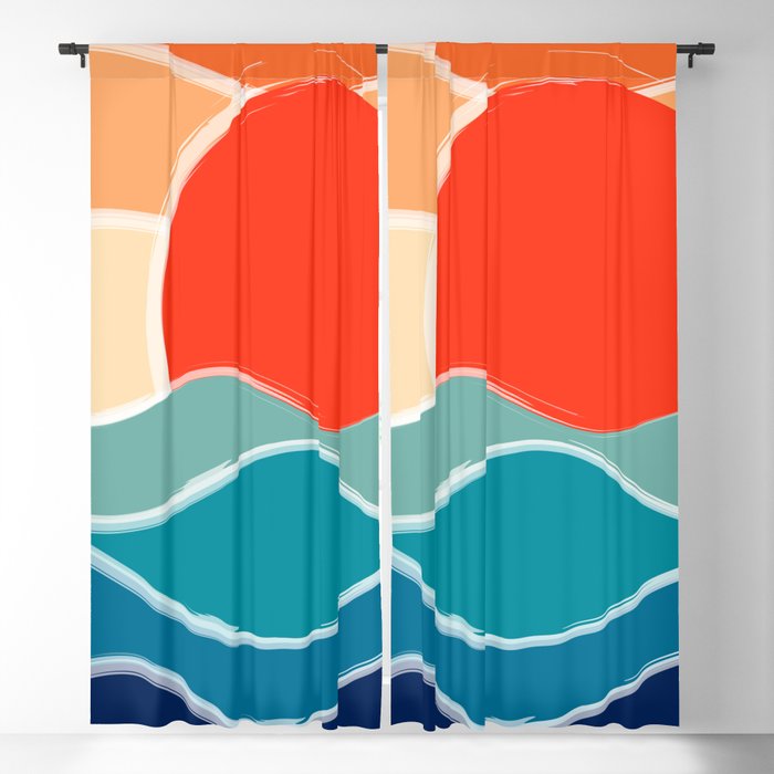 Retro 70s and 80s Color Palette Mid-Century Minimalist Nature Waves and Sun Abstract Art Blackout Curtain