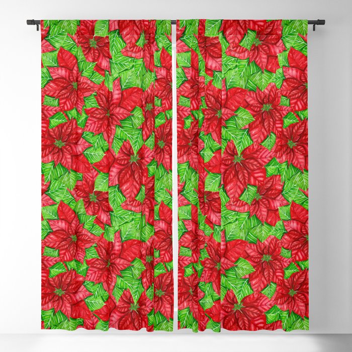 Poinsettia watercolor Christmas pattern Blackout Curtain